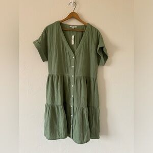 NWT Madewell Lightspun Cuff-Sleeve Button-Front Tiered Mini Dress Green Small